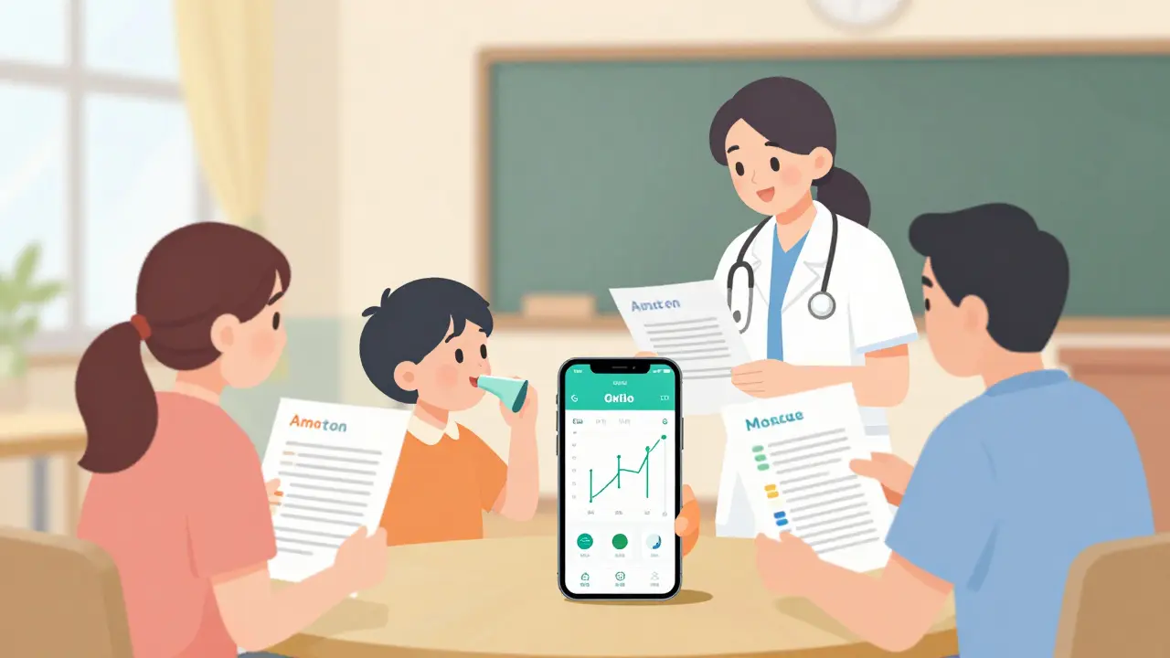 Family and school staff reviewing asthma action plan with digital app and color-free icons