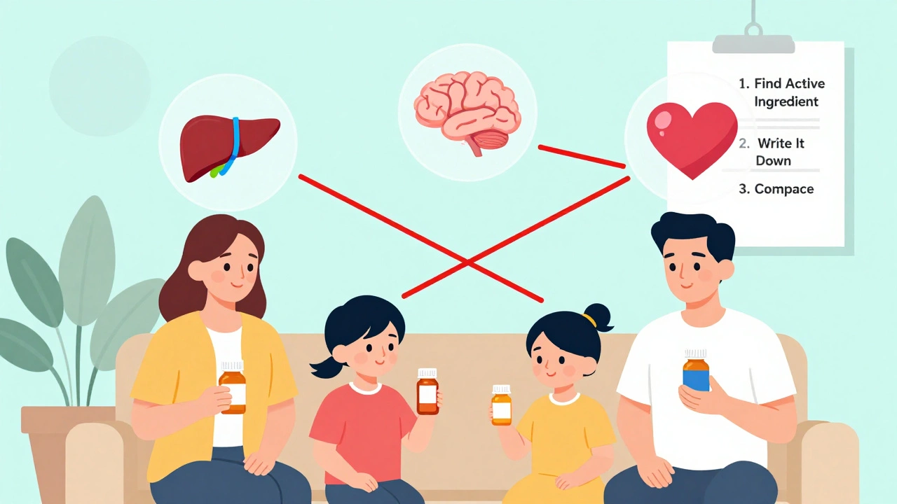 Family holding OTC medicines with floating warning icons for liver, brain, and heart connected by red lines.