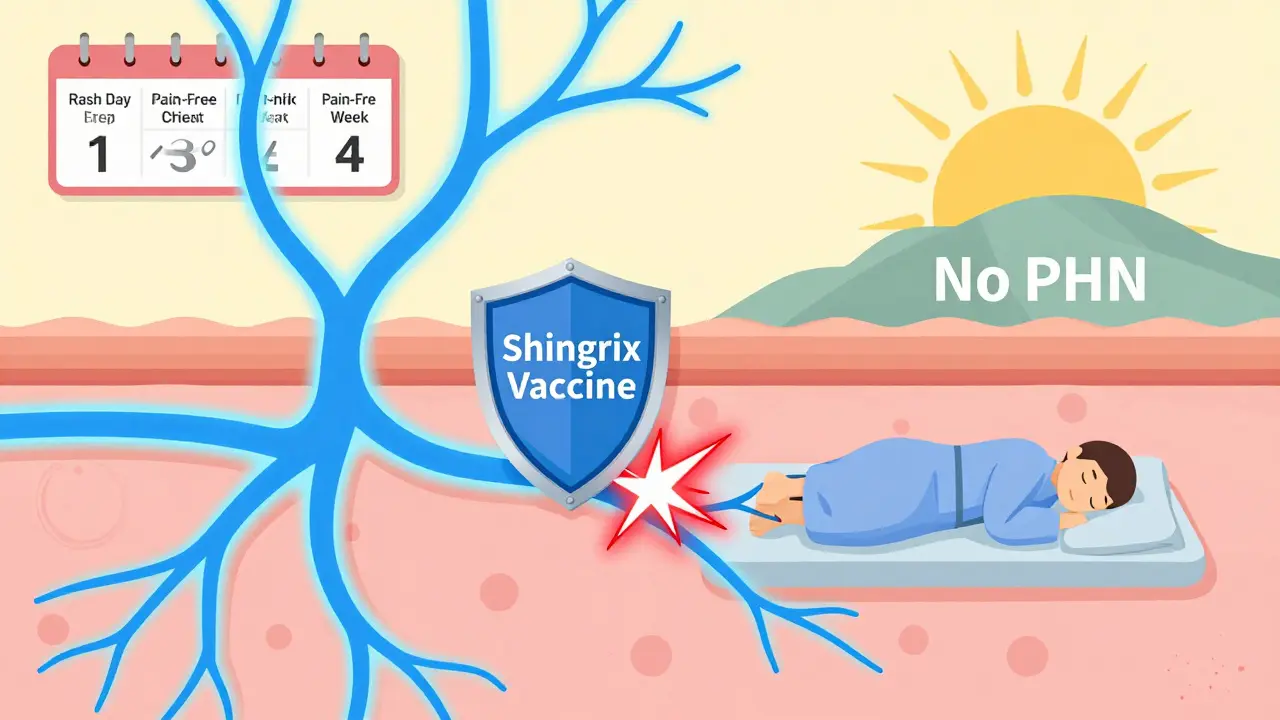 Glowing nerve pathways with pain signals blocked by a Shingrix vaccine shield, representing prevention of chronic pain.