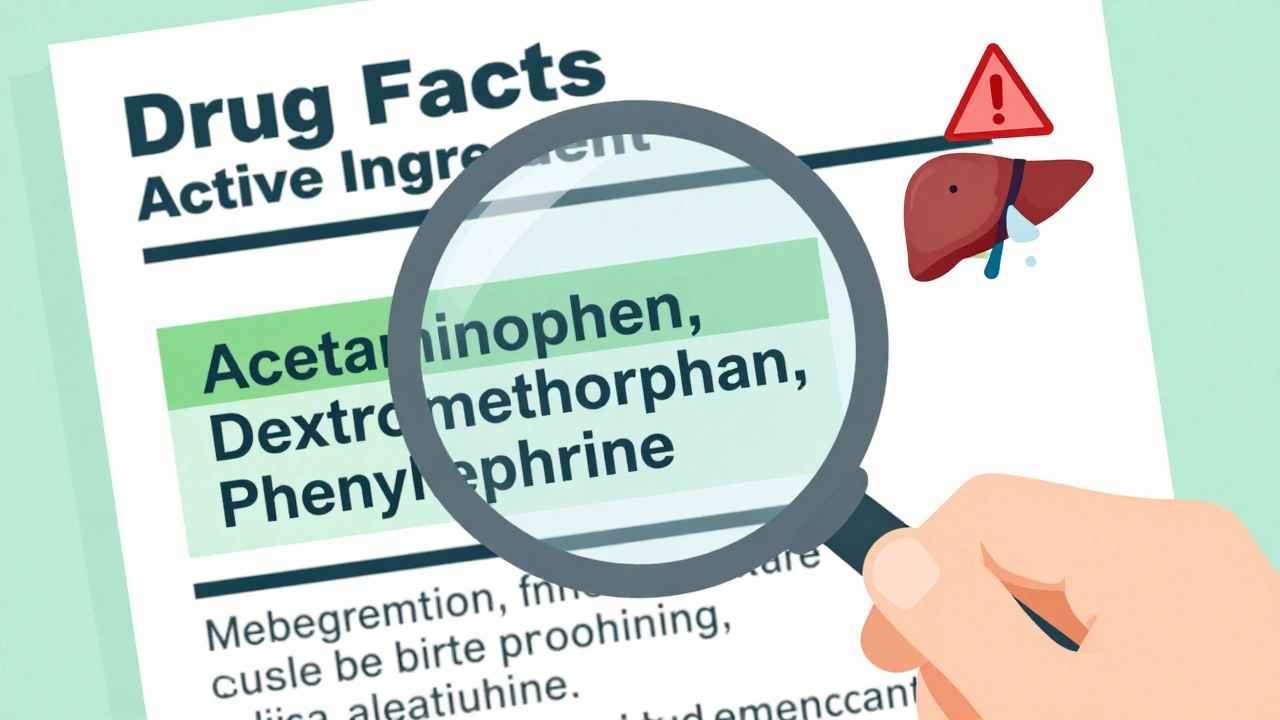 Hand using magnifying glass to examine Drug Facts label showing multiple active ingredients.