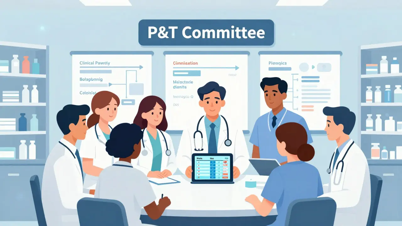 Hospital team reviewing drug options on tablet during clinical decision meeting