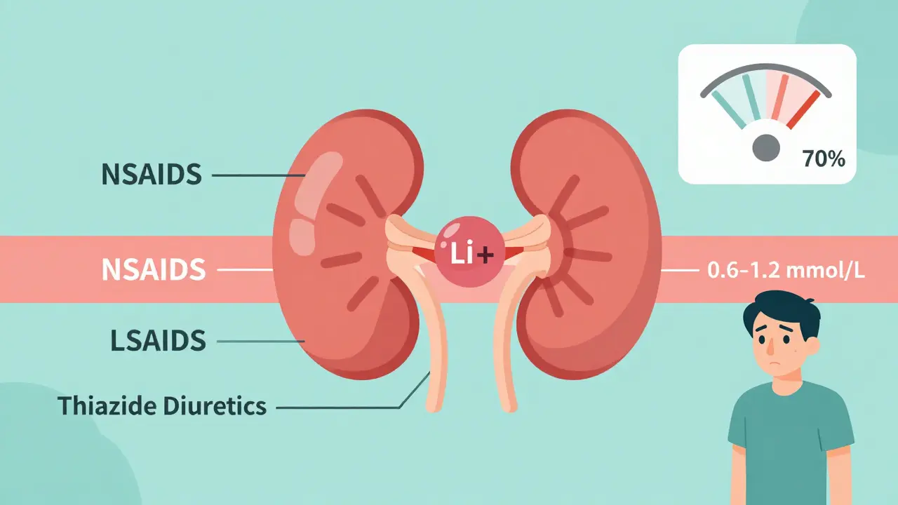 Kidney with trapped lithium ions and blocked pathways labeled NSAIDs and diuretics, showing safe lithium range.