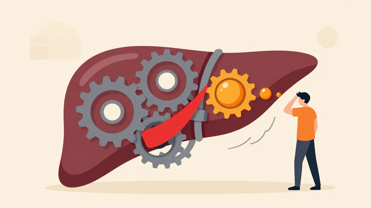 Liver gear system with carbamazepine and valproate interaction causing toxic buildup in flat illustration.