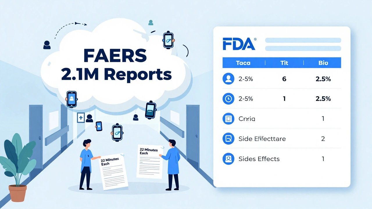 Messy data cloud of real-world reports above a hospital, with doctors overwhelmed by paperwork compared to clean FDA database.