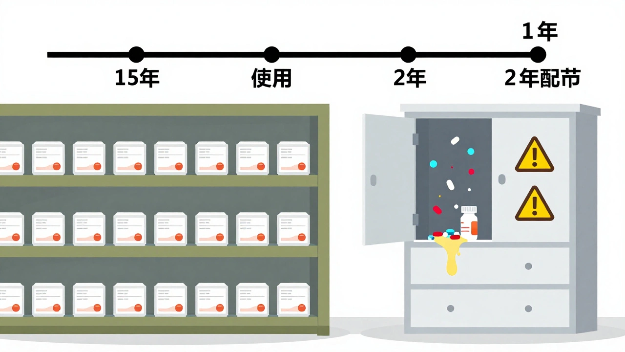 Military storage of long-lasting medication compared to home pills that have degraded over time.
