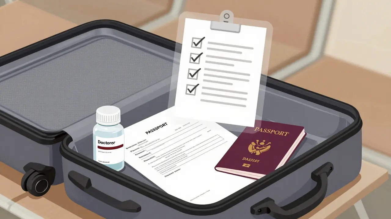 Open carry-on bag with labeled medication bottles and printed doctor's letter on airport bench
