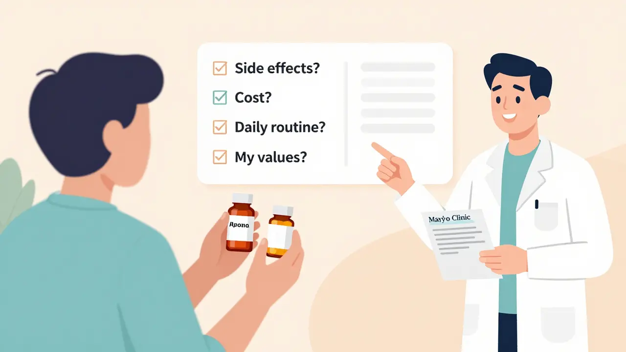 Patient comparing pill options at home with a checklist, supported by a pharmacist and decision aid.