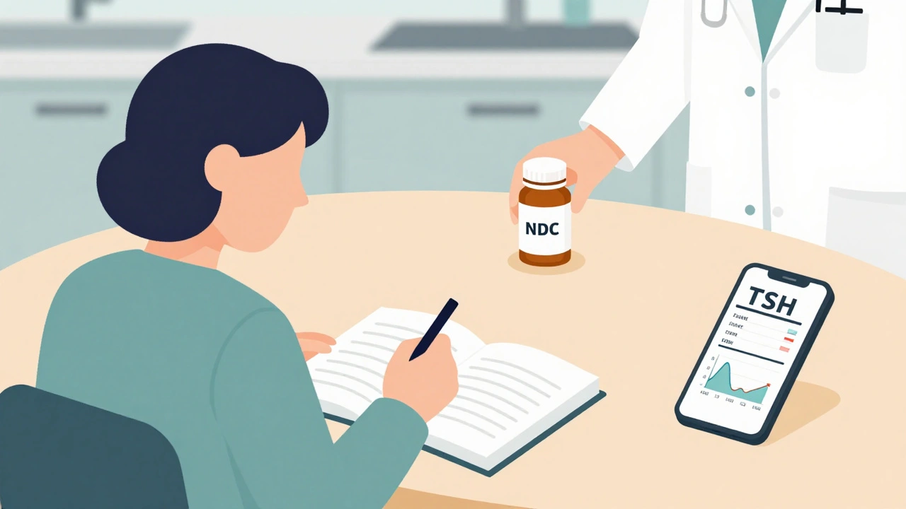 Patient journaling symptoms with lab results and new prescription on table