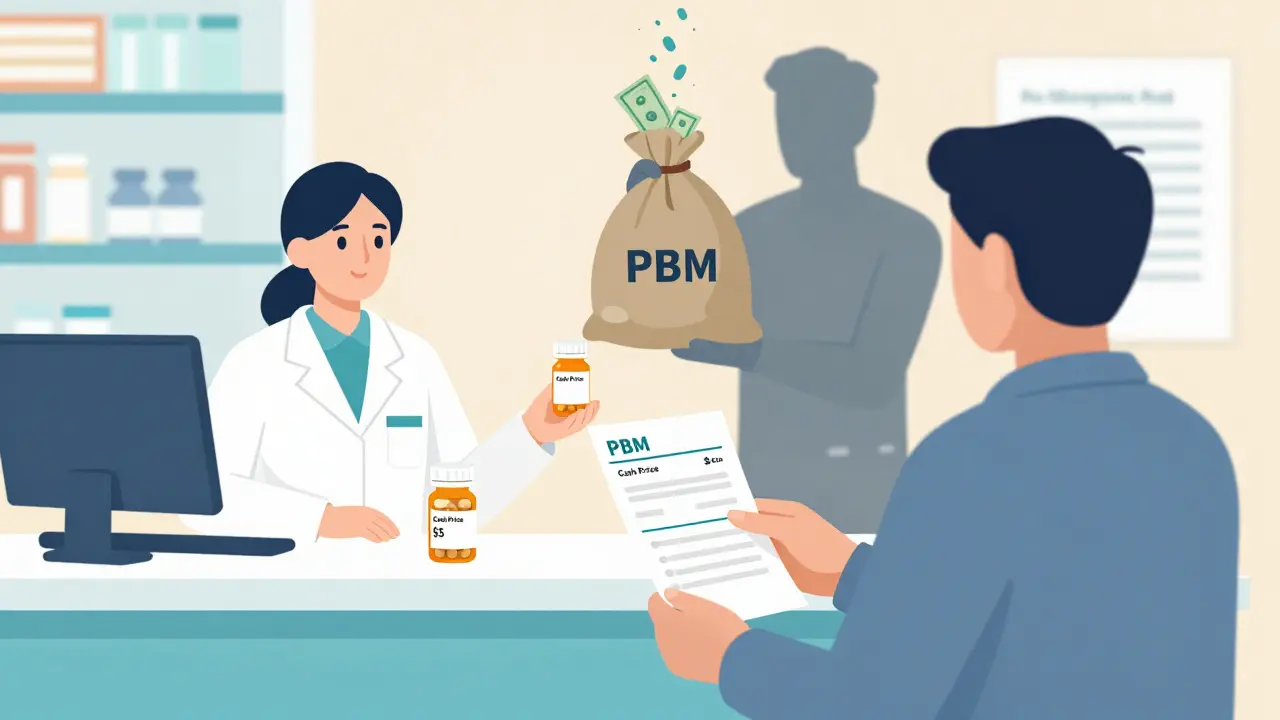 Patient receiving a low cash-price generic pill at pharmacy, while shadowy PBM figure takes rebates upward.