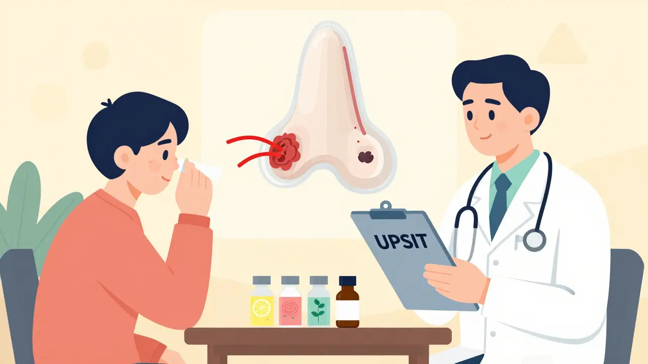 Patient taking a smell identification test with doctor, diagram showing damaged nasal receptors in background.