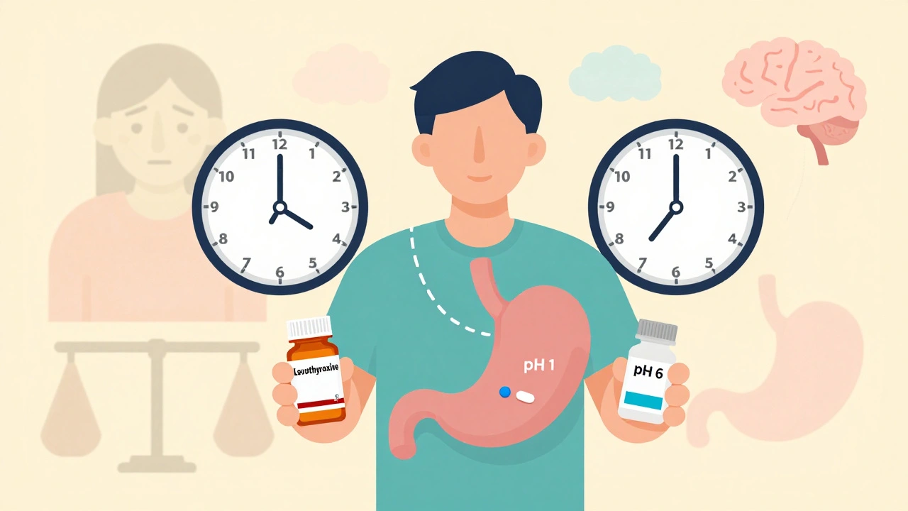 Person between two clocks with levothyroxine and PPI bottles, symbolizing timing myths and persistent acid suppression.