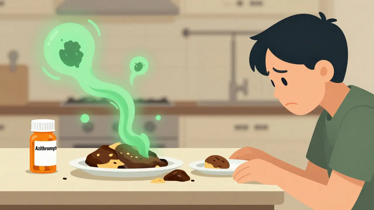 Person disgusted by food emitting ghostly rotten smells next to a pill bottle, symbolizing dysosmia.