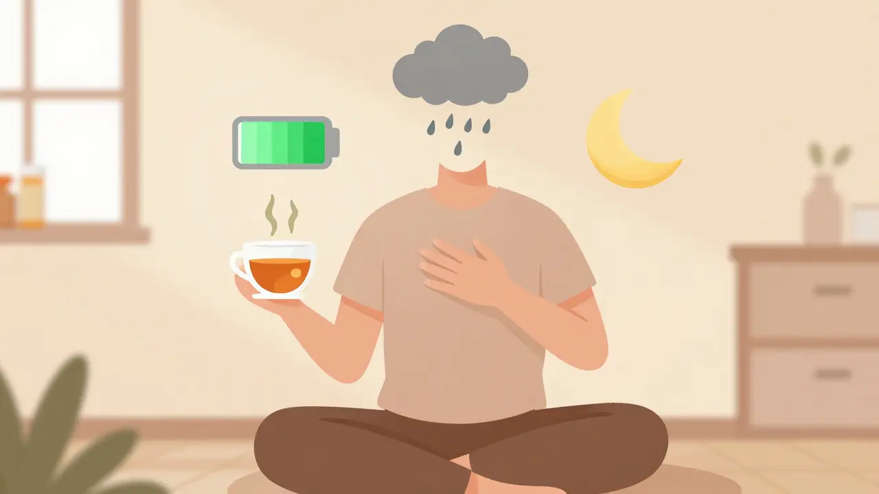 Person meditating with ginger tea and icons of improved energy and sleep