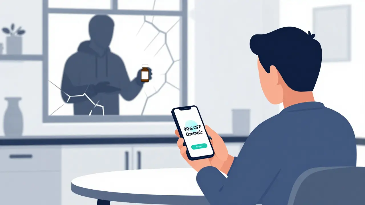 Person viewing a fake online ad for cheap medication while a shadowy figure hands over a suspicious pill bottle.