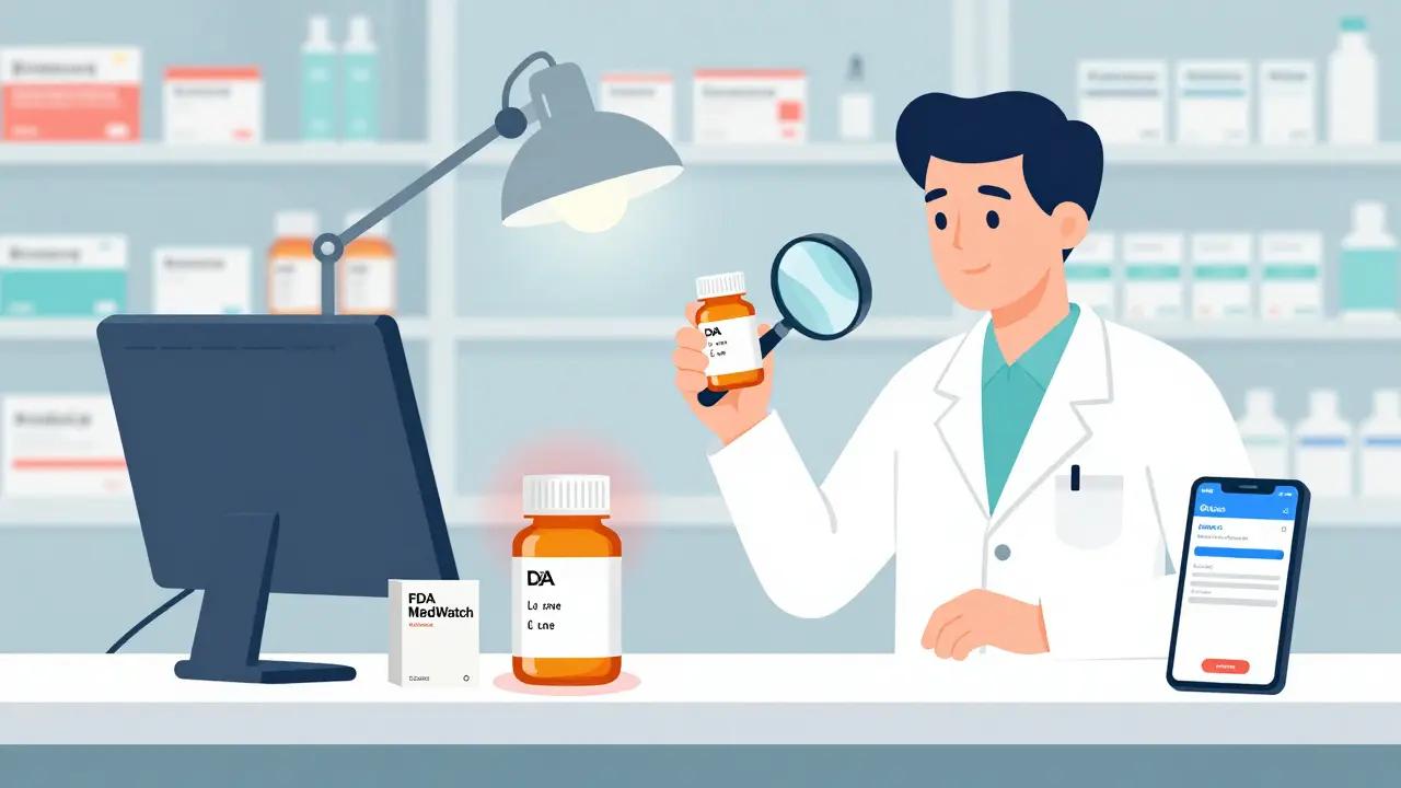 Pharmacist examining a pill bottle's lot number with a magnifying glass, surrounded by real and fake medicine packaging.