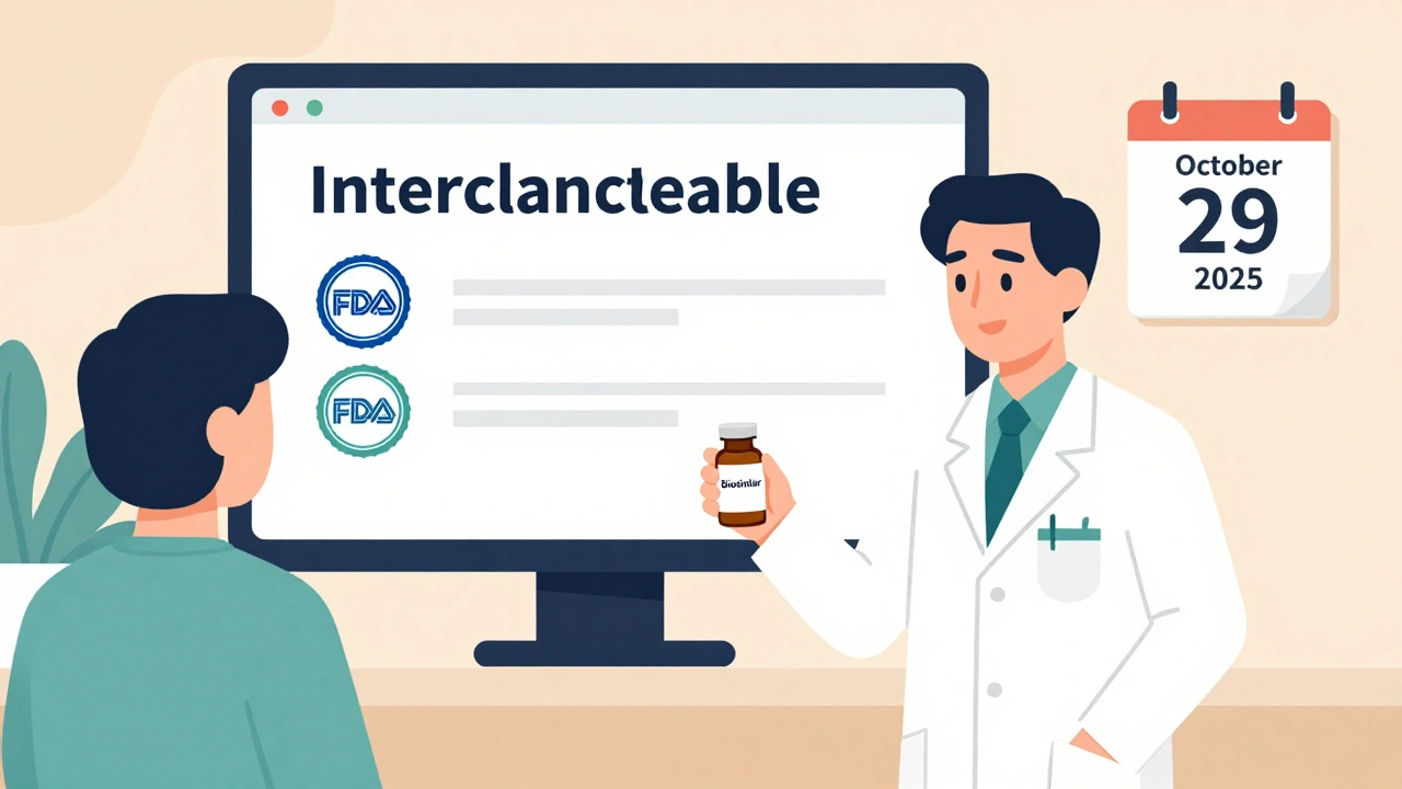 Pharmacist giving a biosimilar medication to a patient with FDA approval screen in background.