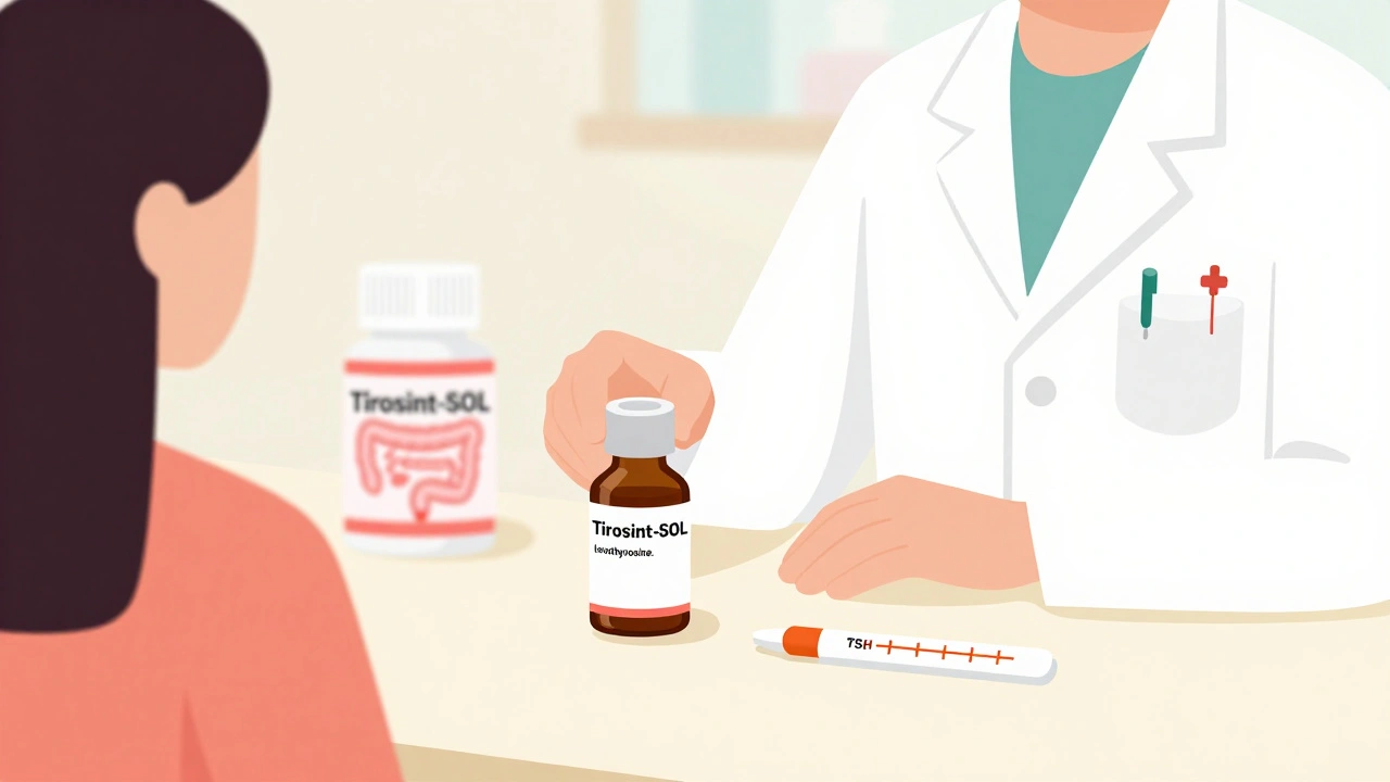 Pharmacist handing liquid levothyroxine to patient while PPI fades away, with glowing small intestine indicating proper absorption.