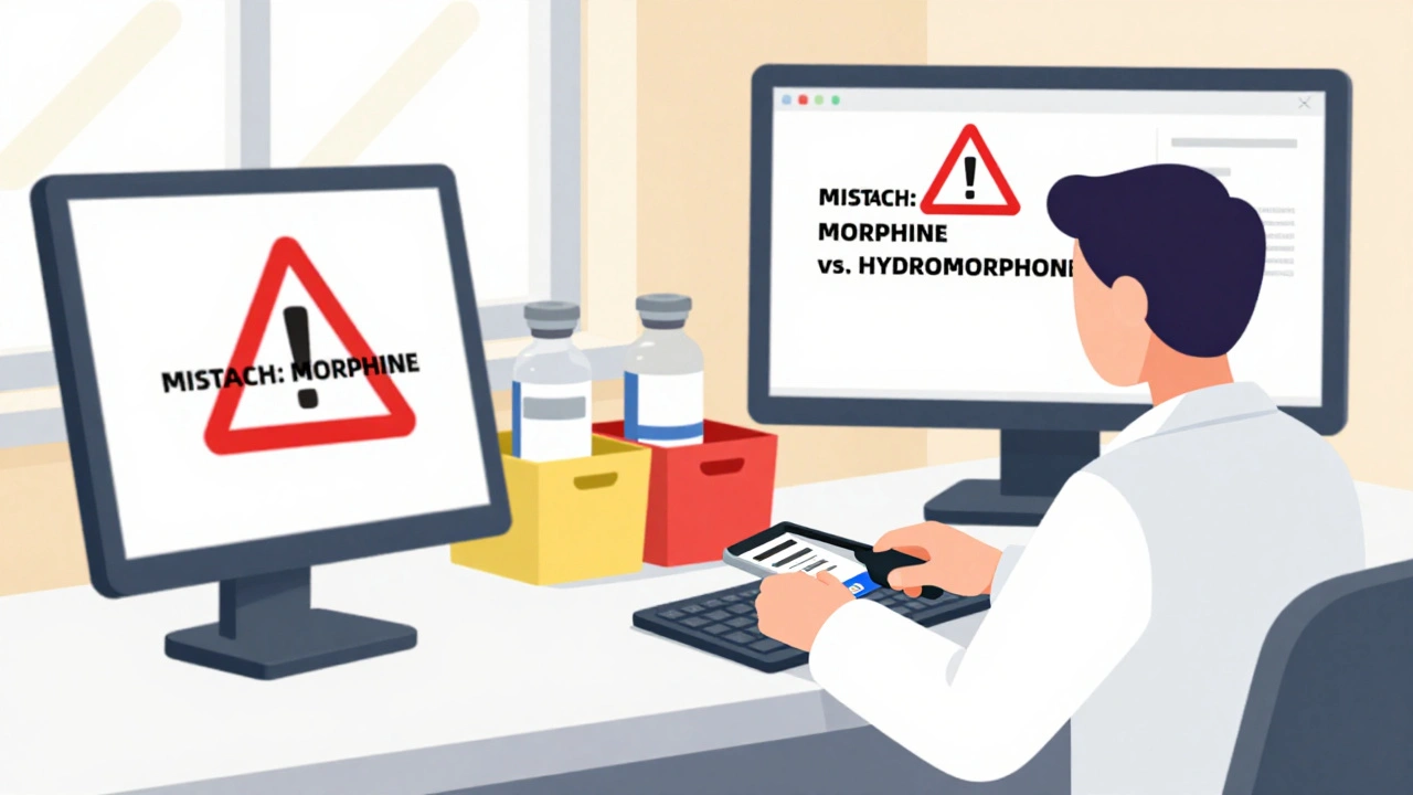 Pharmacist scanning a barcode with a mismatch alert on screen, while similar vials are separated by colored bins.