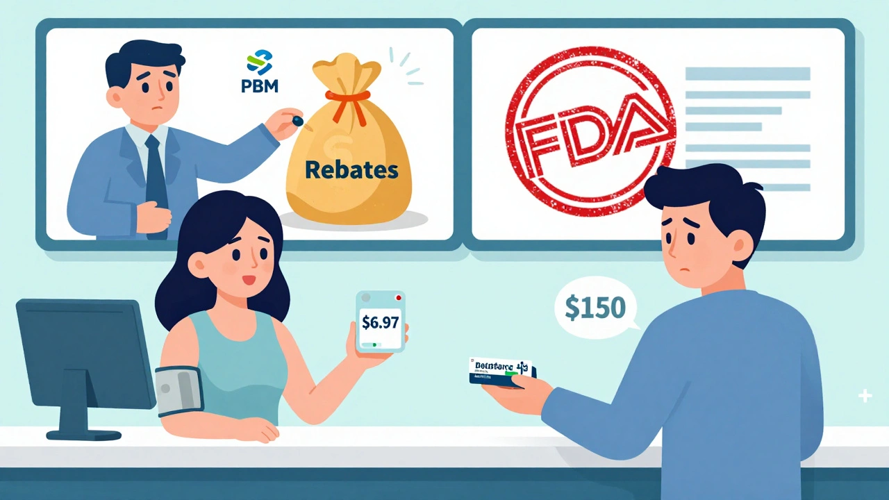 Pharmacy scene contrasting low-cost generic and high-cost brand drug prices, with rebates diverted by middlemen.