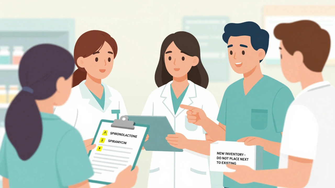 Pharmacy team reviewing a drug safety checklist with warning labels and new inventory box, focused on preventing look-alike errors.
