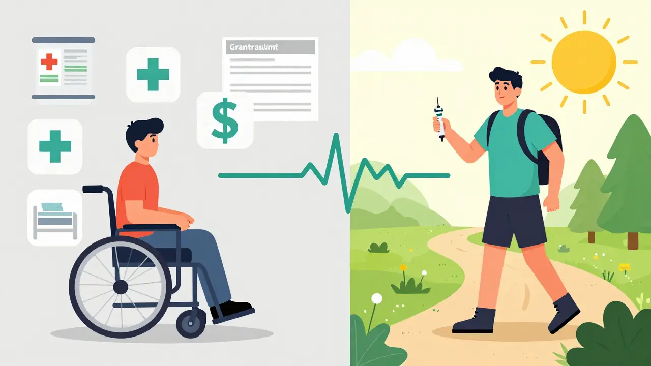 Same person before and after treatment: wheelchair to hiking, with injection pen.