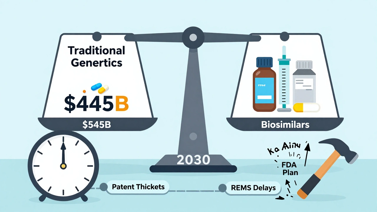 Scale comparing traditional generics to biosimilars, with FDA efforts pushing savings toward 0 billion by 2030.