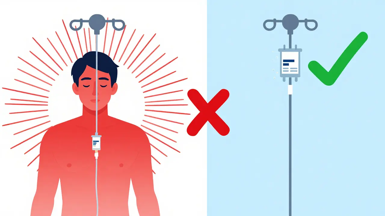 Side-by-side comparison: fast vs. slow vancomycin infusion, showing red flush vs. no reaction.