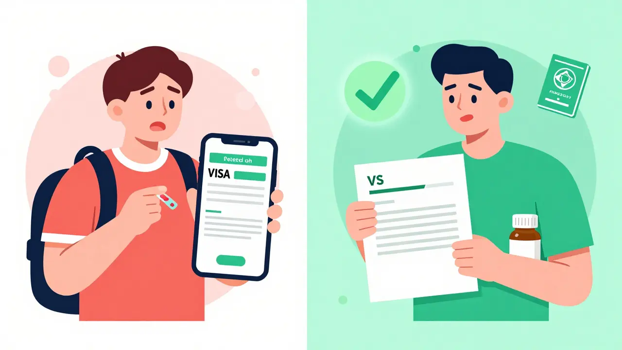 Split scene: anxious traveler with pill organizer vs. prepared traveler with doctor's letter and meds