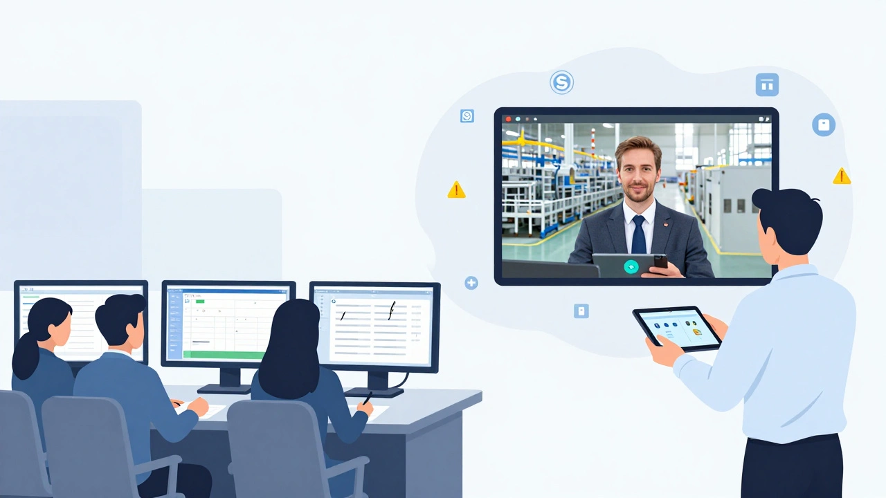 Split scene: team reviewing digital audit trails and inspector conducting virtual factory tour via tablet.