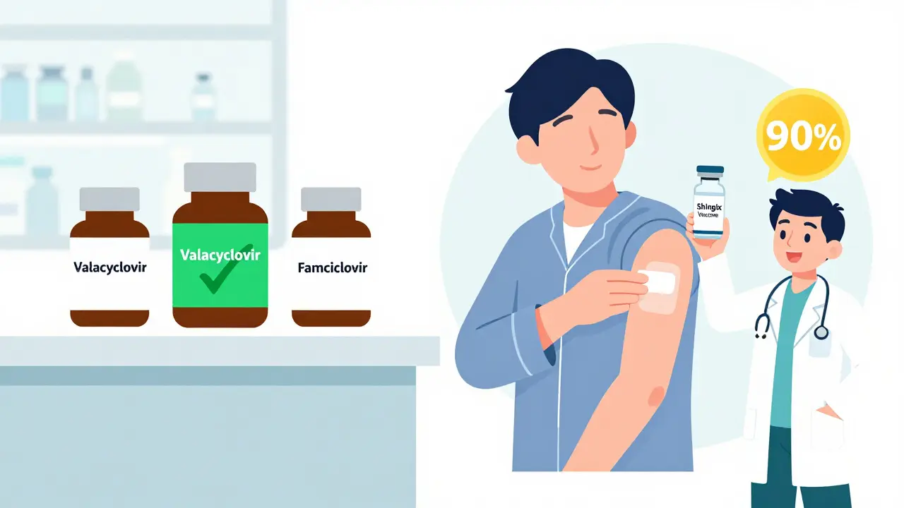 Three antiviral pill bottles with valacyclovir highlighted, alongside a vaccine vial and a person applying a pain patch.