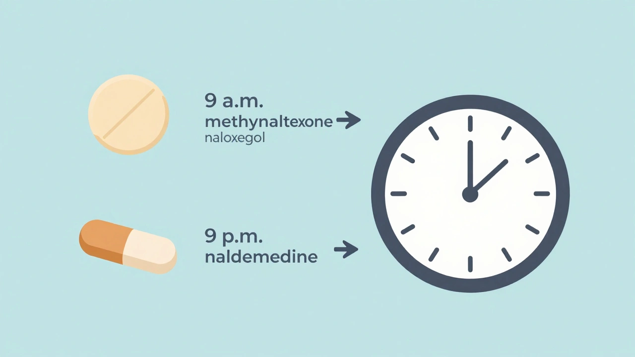 Three PAMORA tablets with timing arrows showing optimal dosing before opioid peaks for chronic pain management.