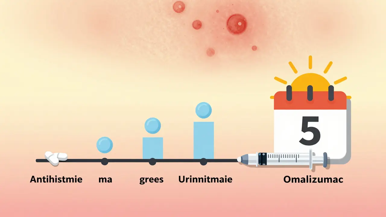 Treatment timeline showing antihistamines escalating to an injection, with fading hives and a rising sun symbolizing long-term improvement.