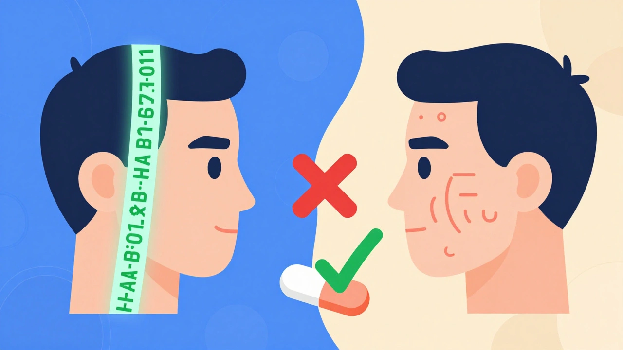 Two faces with genetic markers showing one at risk for drug reaction, the other safe.