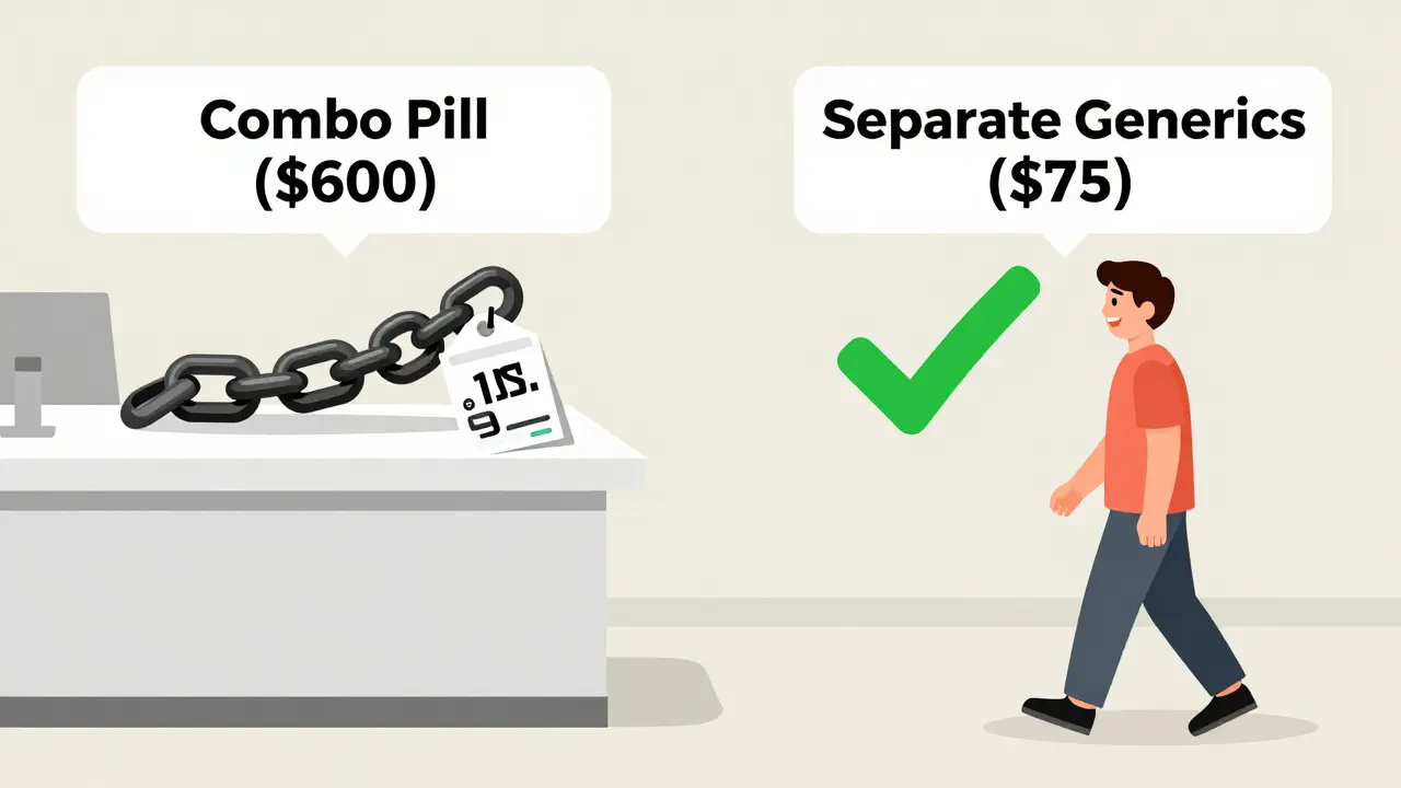 Two paths at a pharmacy: one costly combo pill blocked by chains, the other affordable generics with a happy patient choosing savings.