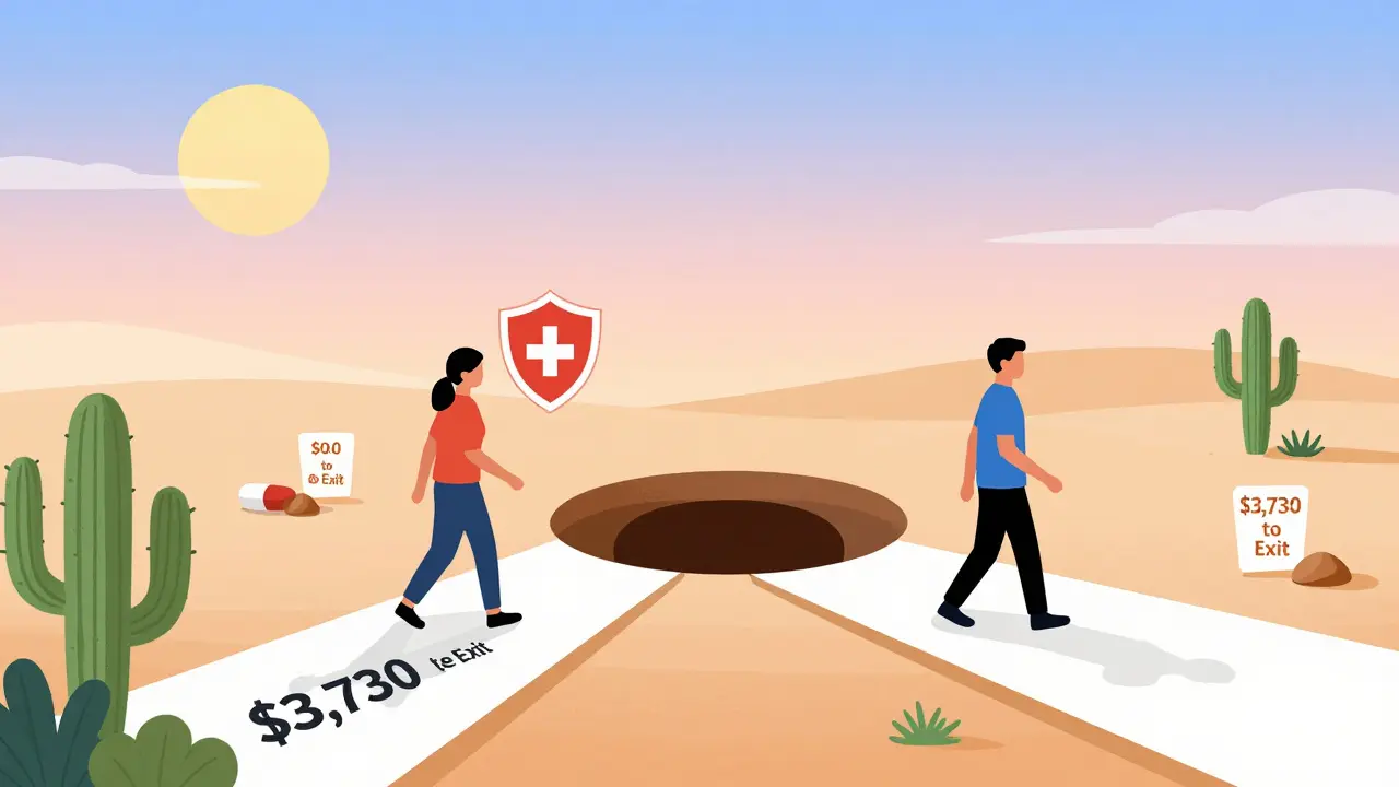 Two people walking through a donut hole, one with discount shield, the other facing long costly path with no help.