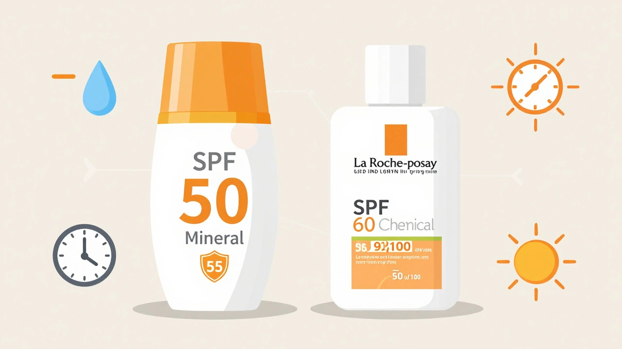 Two sunscreen bottles compared: mineral with low UVA protection vs. chemical with high UVA protection.