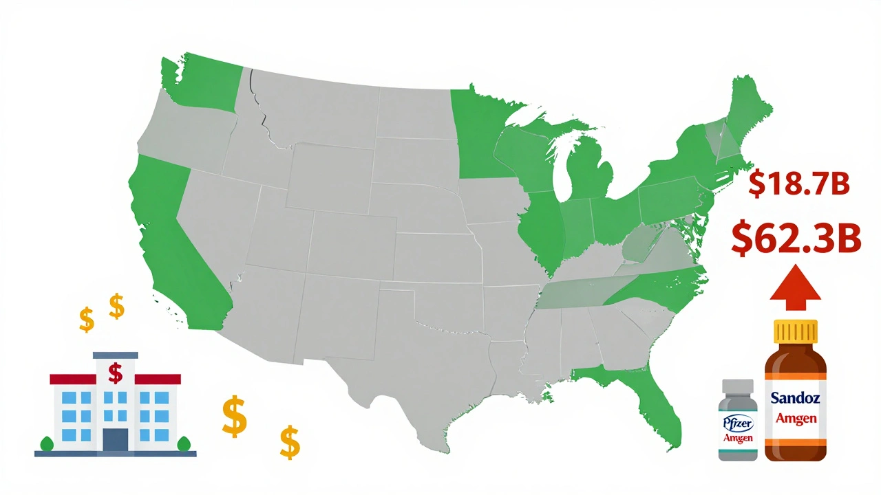U.S. map showing state-by-state biosimilar substitution rules with rising cost savings graph.