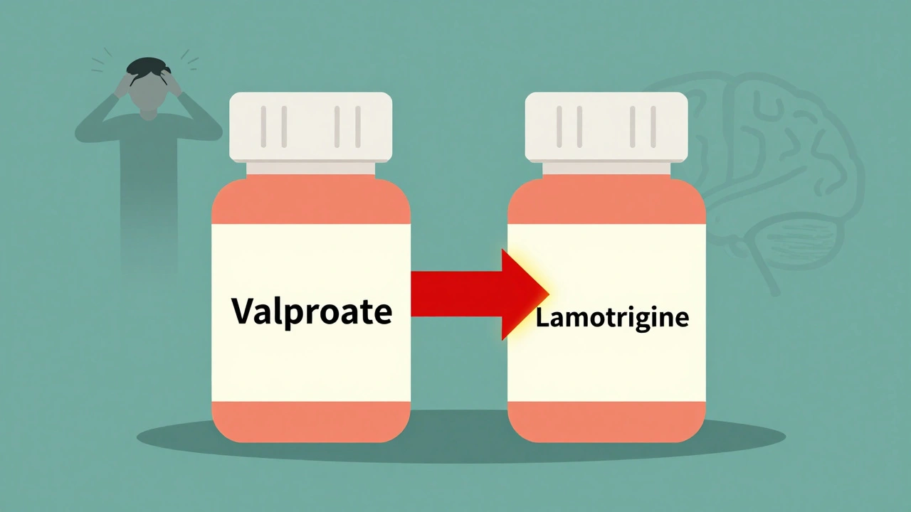 Valproate and lamotrigine pills with a doubling effect, showing drug interaction in flat design.