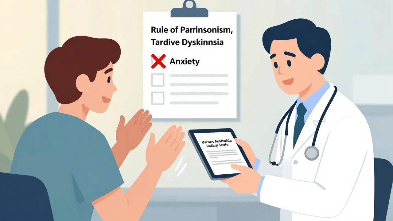 A doctor reviewing a digital scale to assess akathisia while a patient expresses distress, with diagnostic checklist visible.