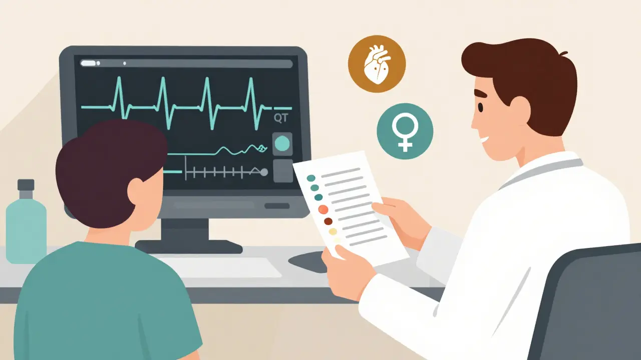 A patient in a doctor's office with an ECG monitor showing a long QT interval and risk factor icons floating nearby.