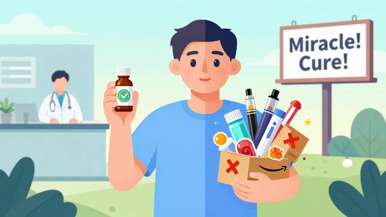 A split figure using regulated cannabis on one side and unregulated CBD products on the other, contrasting safe and risky choices.