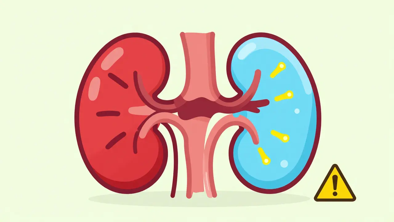 Cartoon kidney with salt buildup from licorice blocking enzyme, potassium ions flowing normally on other side.