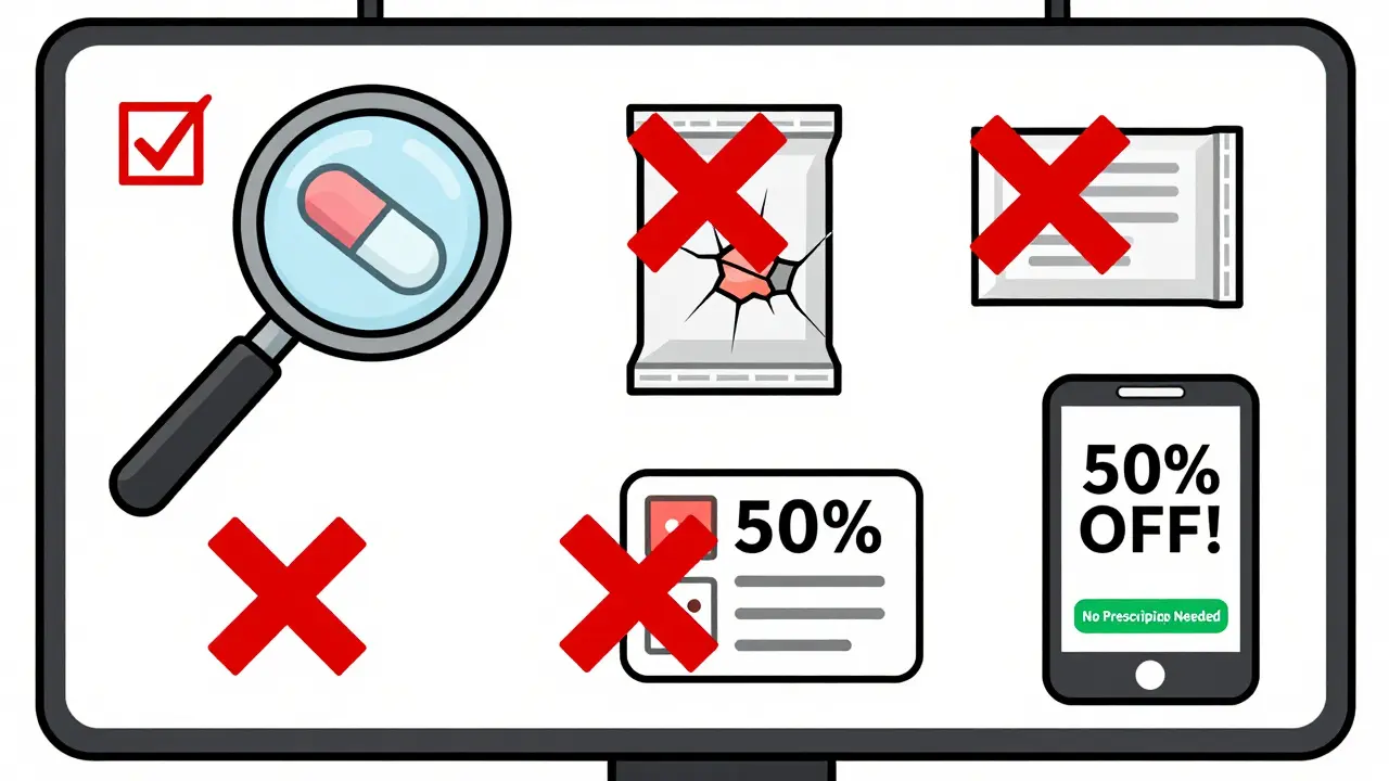 Checklist of red flags for counterfeit pills with magnifying glass and warning Xs