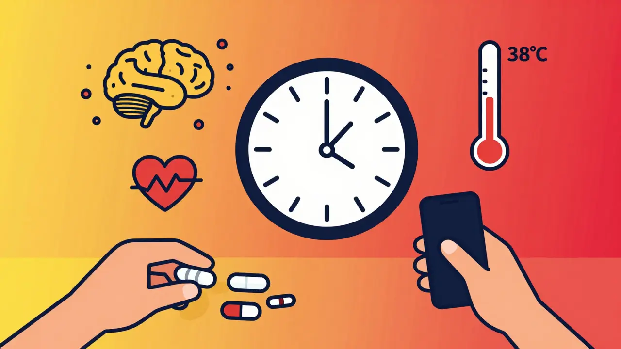 Clock showing rapid onset of serotonin syndrome with rising temperature and racing heart, hand calling for help.