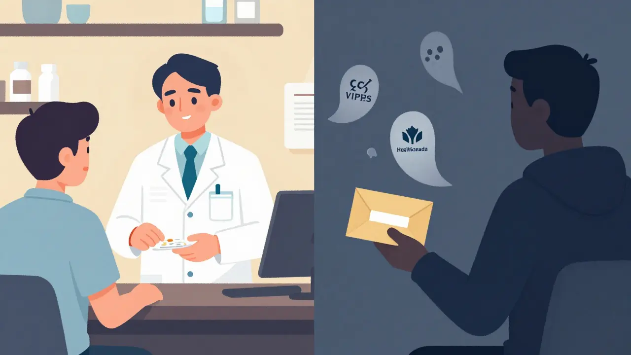 Comparison of safe pharmacy pickup vs. shady online drug delivery in flat illustration style