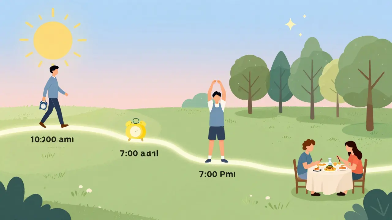 Daily routine timeline with light-filled activities from morning to evening