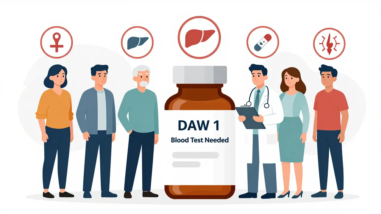 Diverse patients with warning icons near carbamazepine bottle, doctor holding prescription note for 'dispense as written'.
