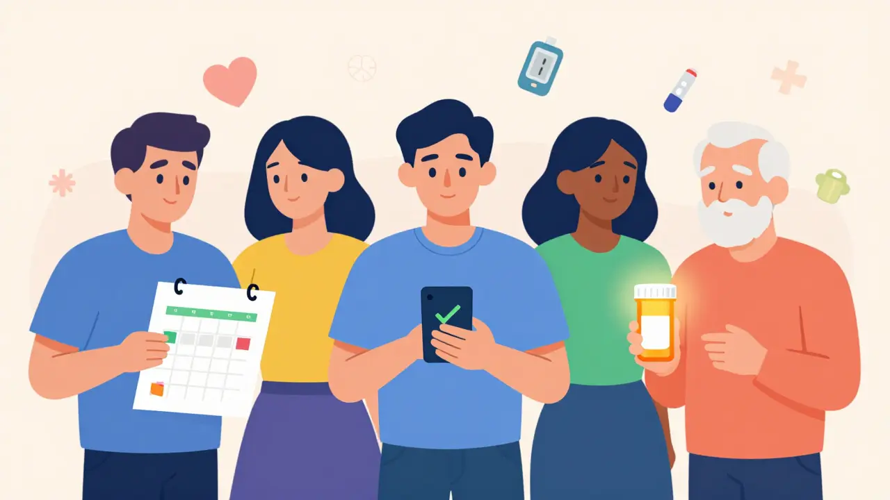 Diverse people using pill organizers, apps, and smart bottles for medication tracking