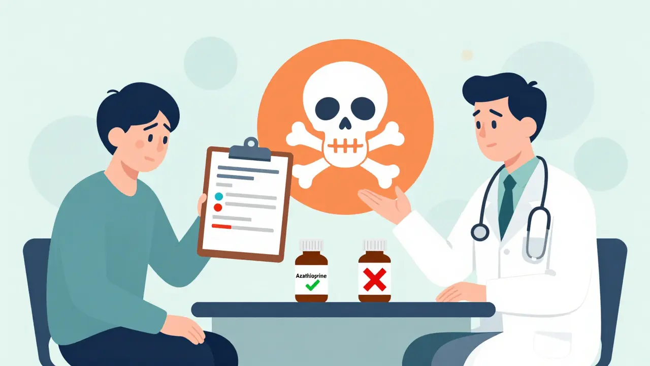 Doctor and patient facing a warning about dangerous drug interaction.