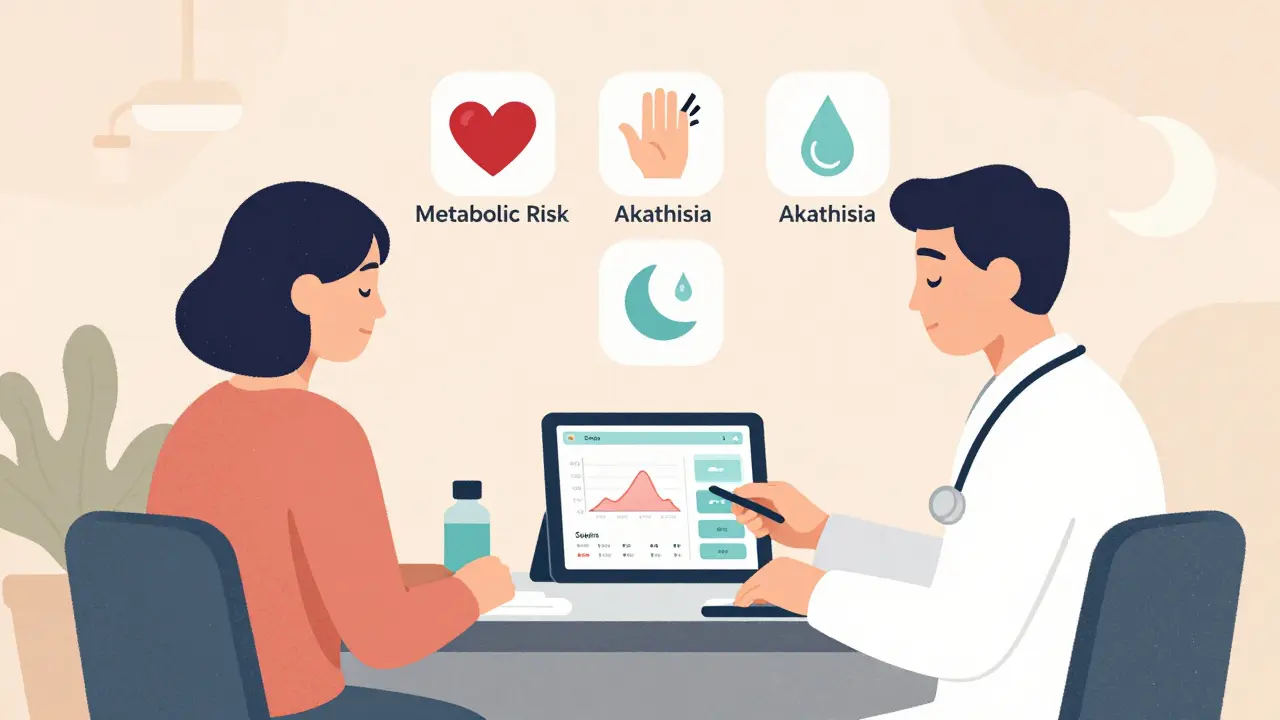 Doctor and patient reviewing a digital mood tracking app during a clinic visit.